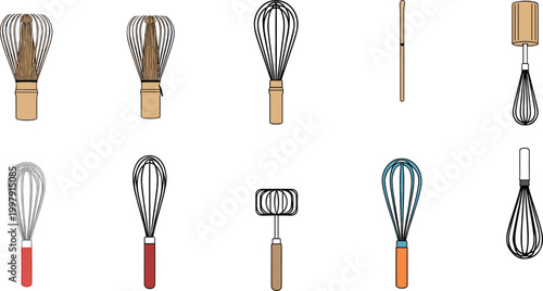 Kitchen whisk vector collection featuring various hand mixer tools and baking utensils isolated on light background for cooking design