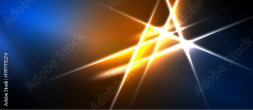 Abstract background features vibrant blue, orange light flares. Bright streaks intersect creating dynamic visual effect. Dark areas provide contrast.