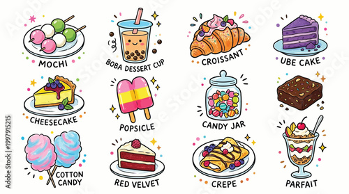 A vibrant collection of cute, kawaii-style illustrations of various sweet desserts and treats, including mochi, boba, croissants, cakes, and more.