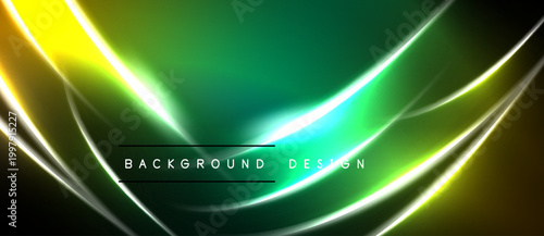 Vibrant neon gradients create flowing lines. Dark background emphasizes bright yellow, green hues. Text reads background design. Modern abstract visual.