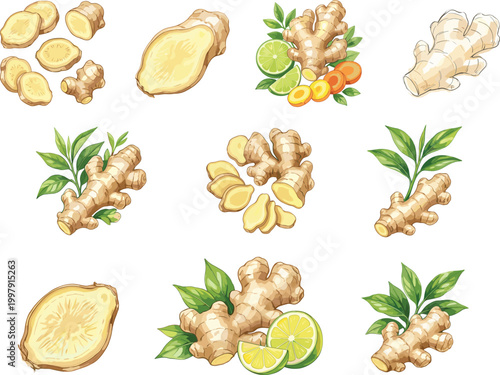 Ginger Root Illustration Collection with Sliced Pieces, Leaves, and Citrus Combinations for Food Design