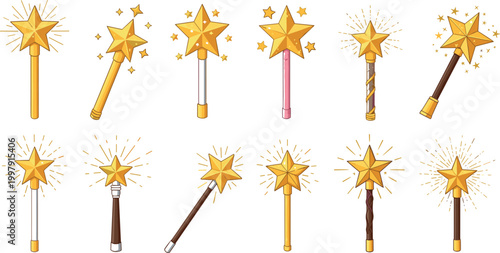 Magic wand vector set featuring golden star wands with sparkling effects isolated on light background for fantasy and fairy tale design