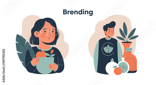 Two people enjoying plants and branding elements in a casual setting indoors