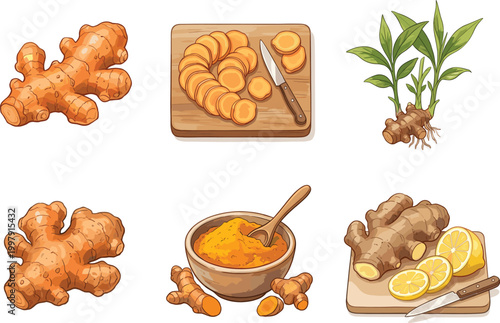 Turmeric Root Illustration Set with Sliced Pieces, Powder, Plant, and Lemon for Culinary Design
