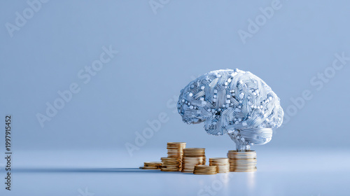Investing in the Mind: A conceptual depiction of cognitive growth. A metallic brain rests atop a pedestal of rising coins, illustrating the value of intellectual capital and financial gain.