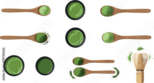 Matcha tea preparation vector set featuring green powder in bowls spoons and bamboo whisk isolated on light background for organic design