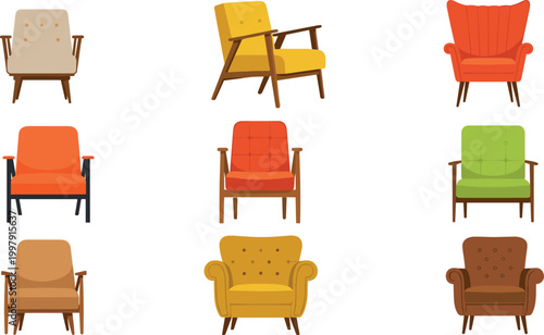 Mid century modern armchair collection with colorful upholstered lounge chairs for home interior furniture design illustration set