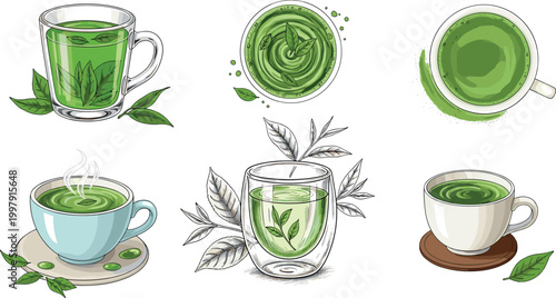 Matcha green tea vector set featuring cups and glass mugs with organic leaves isolated on light background for beverage and cafe design