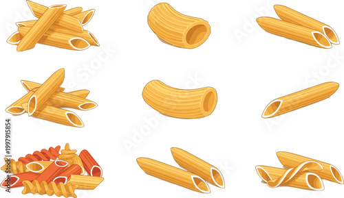 Pasta shapes collection with penne macaroni and rigatoni Italian food ingredients isolated vector illustration set