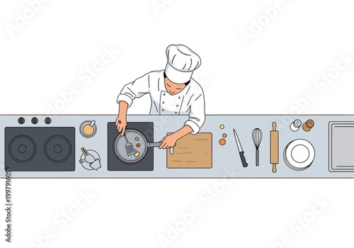 Chef cooking on stovetop with ingredients and tools on counter