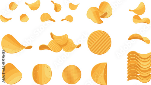 Potato chips vector collection featuring crispy snack slices in different shapes isolated on light background for food packaging and design