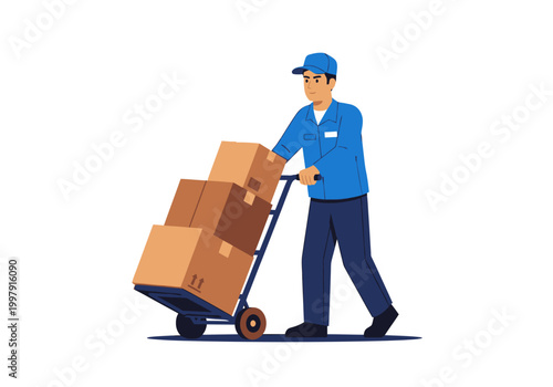 Delivery person pushing a hand truck loaded with cardboard boxes