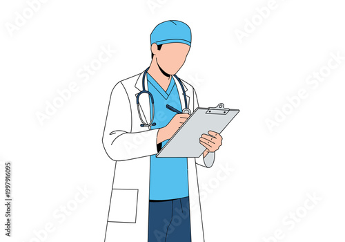 Doctor in scrubs and lab coat writing on a clipboard