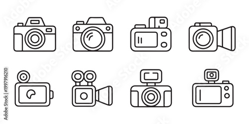 Collection of camera and photography equipment line icons, vector illustration of various recording devices