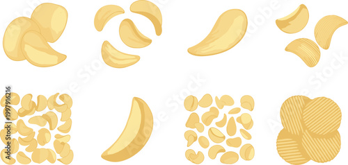 Potato chips vector set featuring various crispy snack shapes and slices isolated on light background for food packaging and design