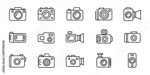 Set of camera and photography equipment line icons