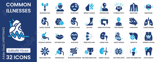 Common Illnesses line icons set. These Includes Breast Cancer, Depression, Brain Tumor, Allergy, Diabetes, and More. Solid vector icons collection. Vector illustration.