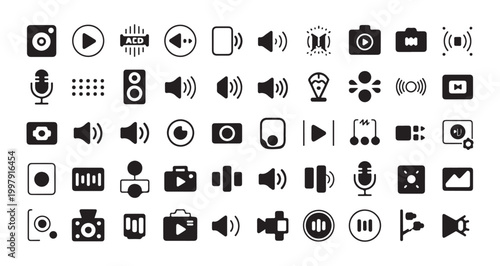 Comprehensive collection of multimedia and audio-video interface icons