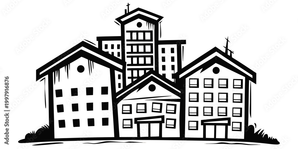 Obraz premium City Building Icon Set Urban Architecture Skyline House Line Art Vector
