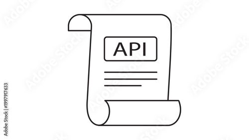 API Documentation Scroll Minimalist Black Line Vector Icon on White Background, Representing Software Development Interface Specs and Programming Manual with Editable Stroke for Customization.