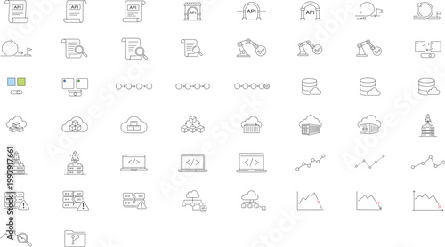 50 Software Development and DevOps Vector Icon Set. Minimalist Black Line Art Bundle featuring API, Agile, Cloud Computing, and CI/CD Pipeline Icons with Editable Stroke for Custom Line Weight.