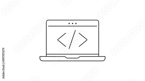 Minimalist Black Line Vector Icon of a Laptop with Coding Symbol for Software Development and Programming, Scalable Illustration with Editable Stroke, Adjustable Line Weight, and Clean Design.