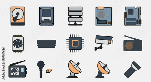 Set of hardware and computer component icons including processors, chips, sensors, and electronic tools.