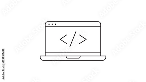 Free Download Minimalist Black Line Vector Icon of a Laptop Screen with Coding Symbols, Perfect for Software Development and Programming Projects, Featuring an Editable Stroke for Custom Line Weight Design. - GFXLoad
