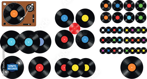 Vinyl record collection with turntable and retro music discs in various arrangements isolated colorful vector illustration set