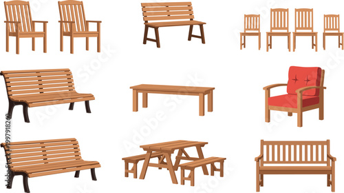 Wooden furniture vector set featuring chairs benches and tables for indoor and outdoor use isolated on light background design