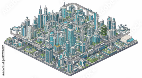 Cityscape with skyscrapers and buildings.