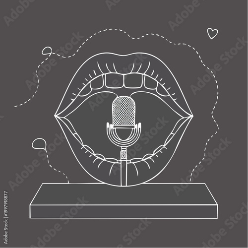 Outline of a microphone inside an open mouth.