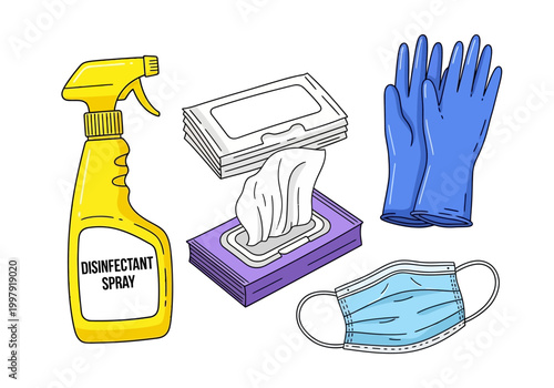 Assortment of cleaning and personal protective equipment items