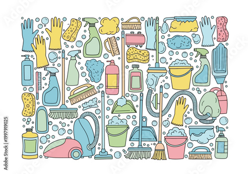 A pattern of colorful handdrawn cleaning supplies sponges gloves buckets and bubbles