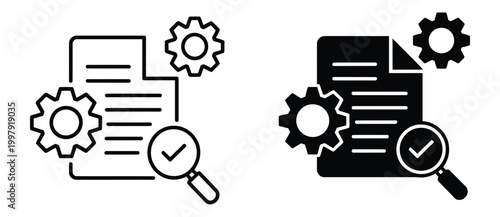 Document verification process with gear and magnifying glass, paperwork authentication and review system concept, document analysis and approval process vector