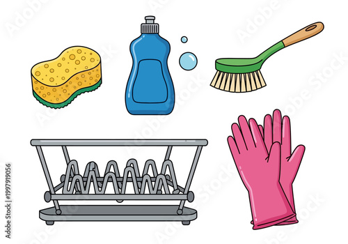Cartoon illustration of dishwashing supplies sponge soap brush rack and gloves
