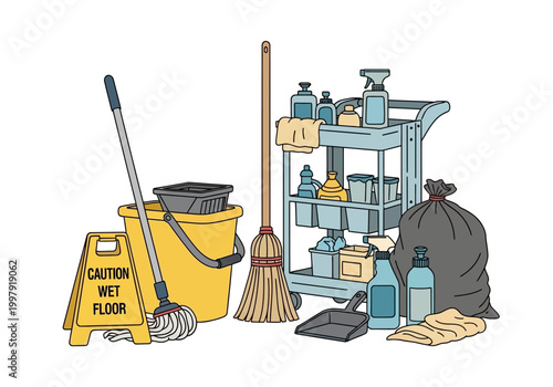 Illustration of cleaning supplies including a cart mop bucket broom and trash bag