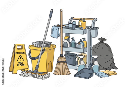 Cleaning supplies including a mop bucket broom cart and caution sign