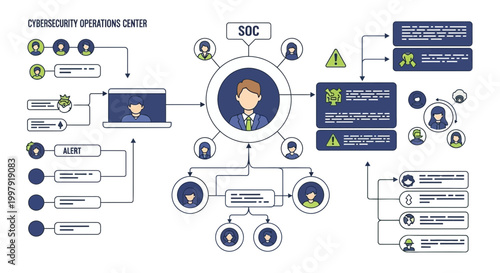 Cybersecurity operations center infographic illustrating data protection