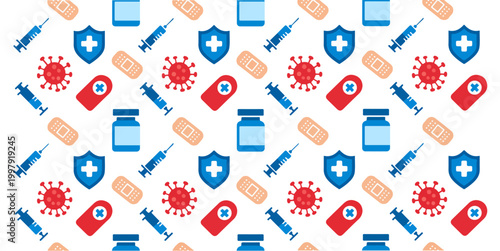 Medical Pattern with Vaccine Virus and Healthcare Icons Modern Background