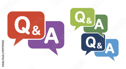 Colorful speech bubbles display Q and A icons, vibrant chat symbols with question and answer concept for communication dialogue modern vector illustration