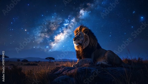 A lion resting on a rocky outcrop under a starry night sky