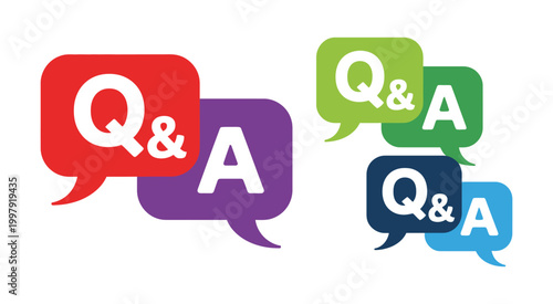 Colorful speech bubbles display Q and A icons, vibrant chat symbols with question and answer concept for communication dialogue modern vector illustration