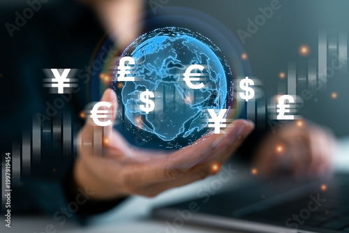 Fotografía Global finance concept with digital world globe and currency showing international money, forex exchange, fintech innovation, global economy, online banking and cross border financial transactions