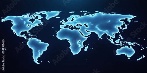Blue world map on black and blue background showing global continents, geography, technology and worldwide connectivity