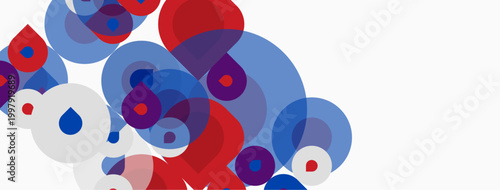 Abstract composition featuring overlapping circles. Red, blue, purple hues dominate white background. Dynamic, modern visual design.