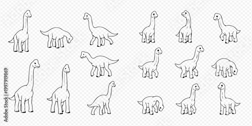 Set of hand-drawn cartoon Brontosaurus dinosaurs in various poses, isolated on a transparent background, perfect for children's designs and educational materials.