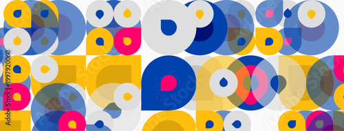 Colorful overlapping circles, squares create abstract pattern. Bright hues dominate composition, offering playful visual experience.