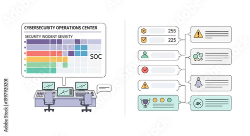 Cybersecurity operations center infographic showing data and incident severity