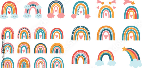 Cute colorful rainbow collection with clouds hearts stars and decorative patterns for kids nursery design playful cartoon vector set
